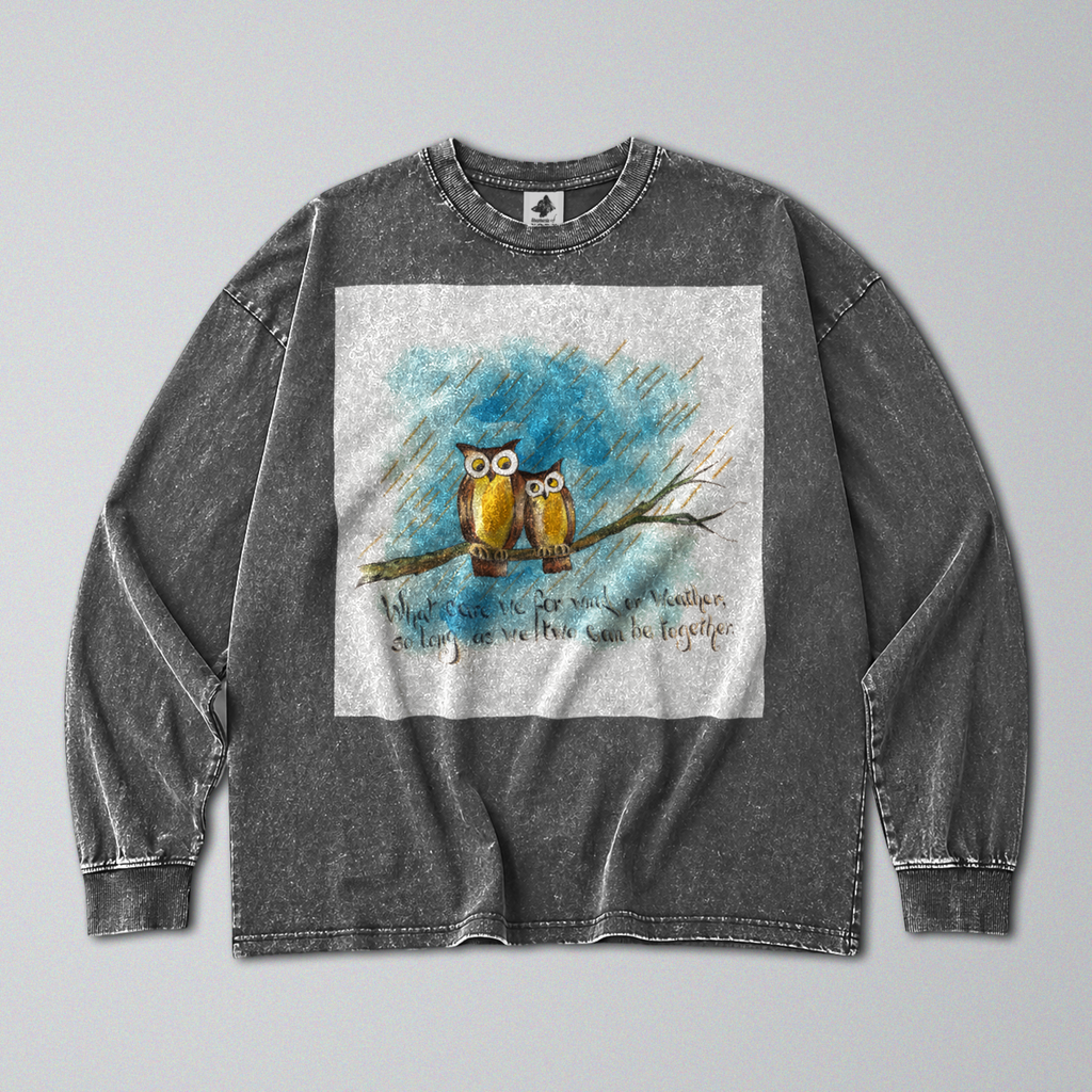 Oversized Snow Washed Long Sleeve Cotton Tee - Owls in the Rain Print