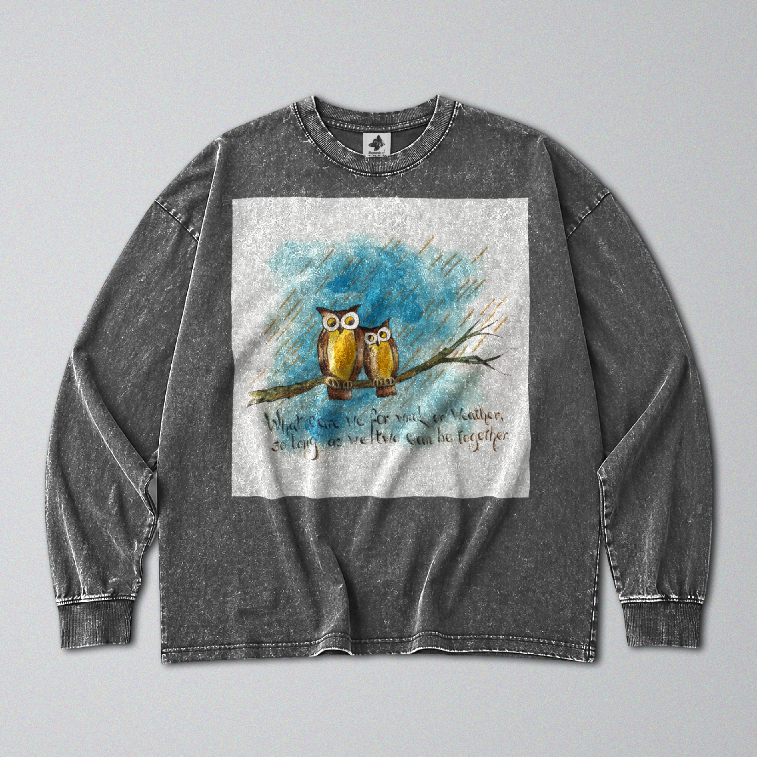 Oversized Snow Washed Long Sleeve Cotton Tee - Owls in the Rain Print