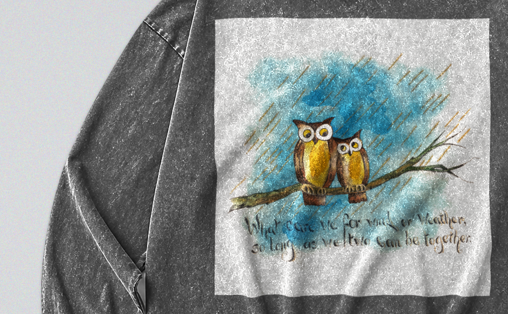Oversized Snow Washed Long Sleeve Cotton Tee - Owls in the Rain Print