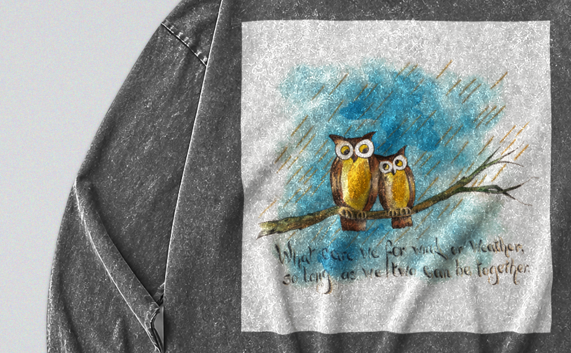 Oversized Snow Washed Long Sleeve Cotton Tee - Owls in the Rain Print