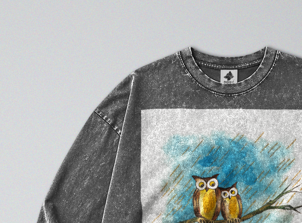 Oversized Snow Washed Long Sleeve Cotton Tee - Owls in the Rain Print