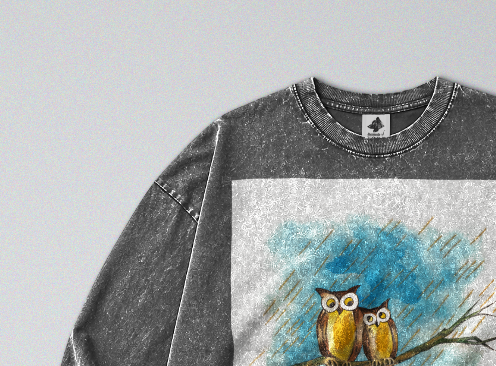Oversized Snow Washed Long Sleeve Cotton Tee - Owls in the Rain Print