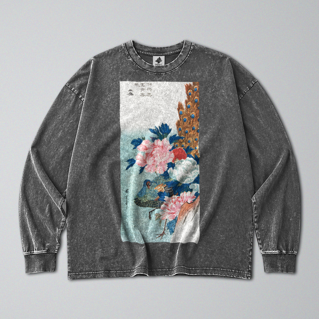 Oversized Snow Washed Long Sleeve Cotton Tee - Japanese Peacock & Flowers Print