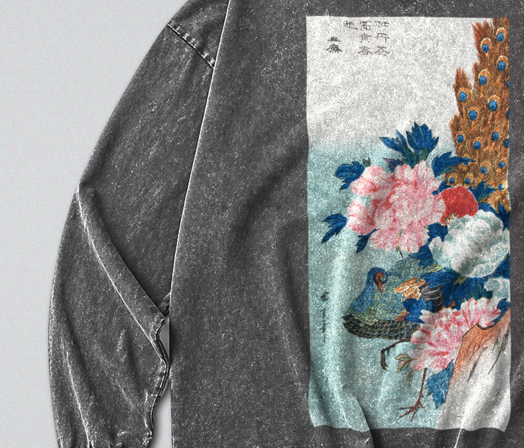 Oversized Snow Washed Long Sleeve Cotton Tee - Japanese Peacock & Flowers Print