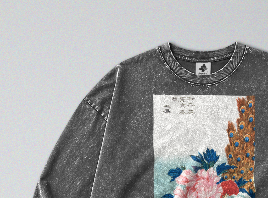 Oversized Snow Washed Long Sleeve Cotton Tee - Japanese Peacock & Flowers Print
