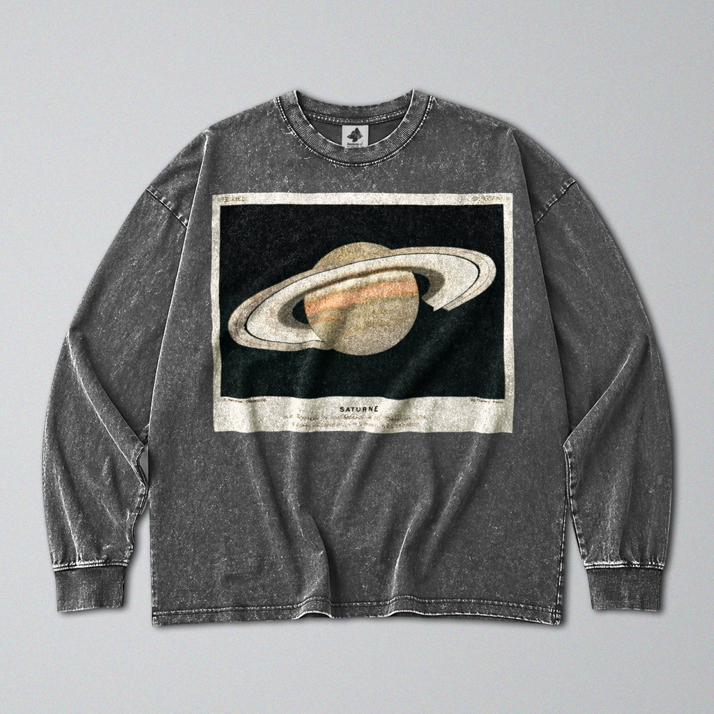 Oversized Snow Washed Long Sleeve Cotton Tee - Saturn in Outer Space Print
