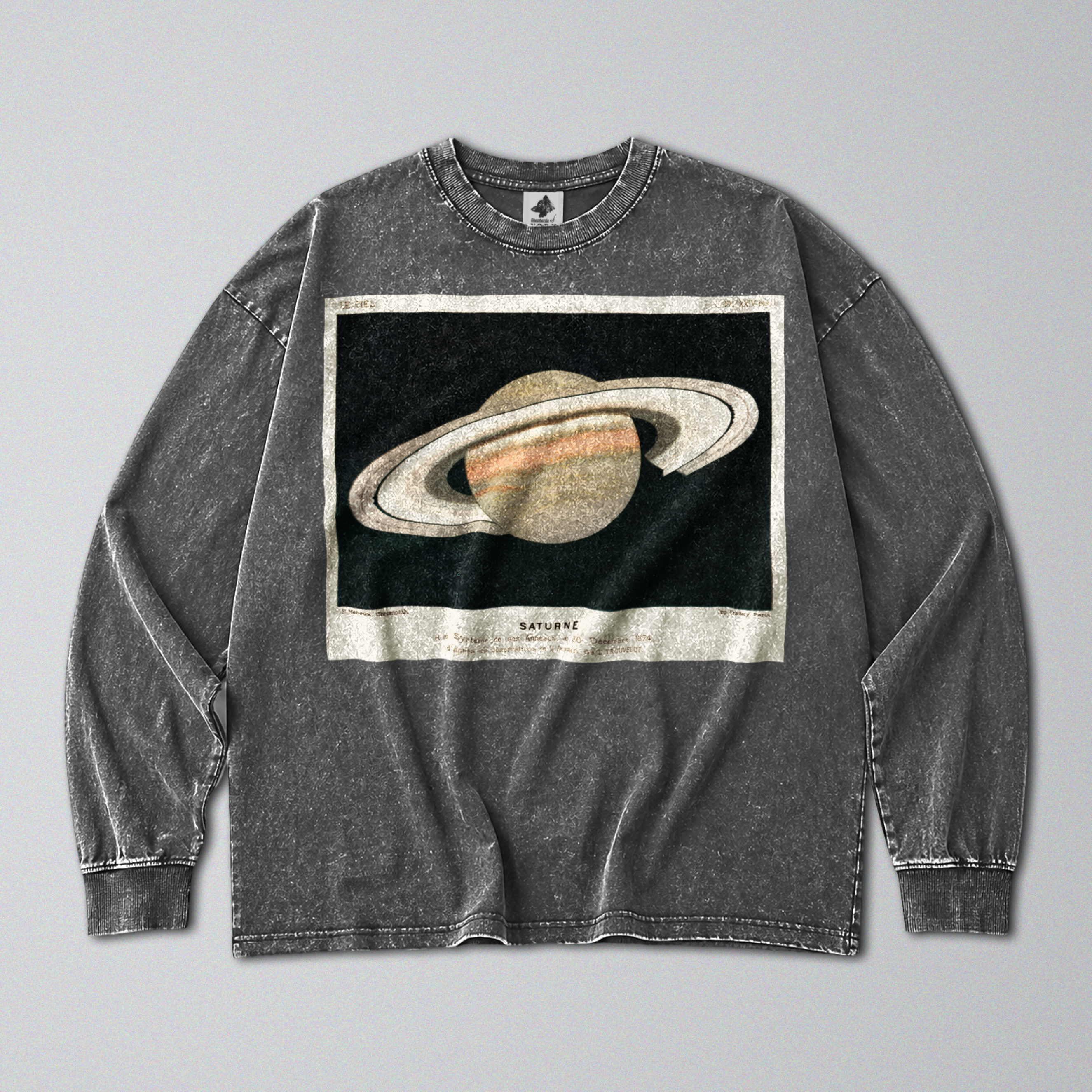 Oversized Snow Washed Long Sleeve Cotton Tee - Saturn in Outer Space Print