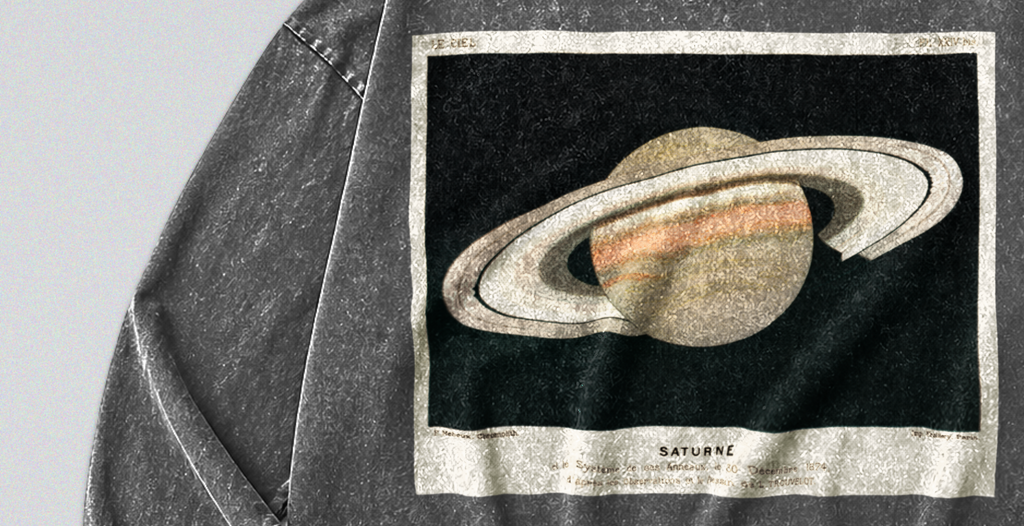 Oversized Snow Washed Long Sleeve Cotton Tee - Saturn in Outer Space Print
