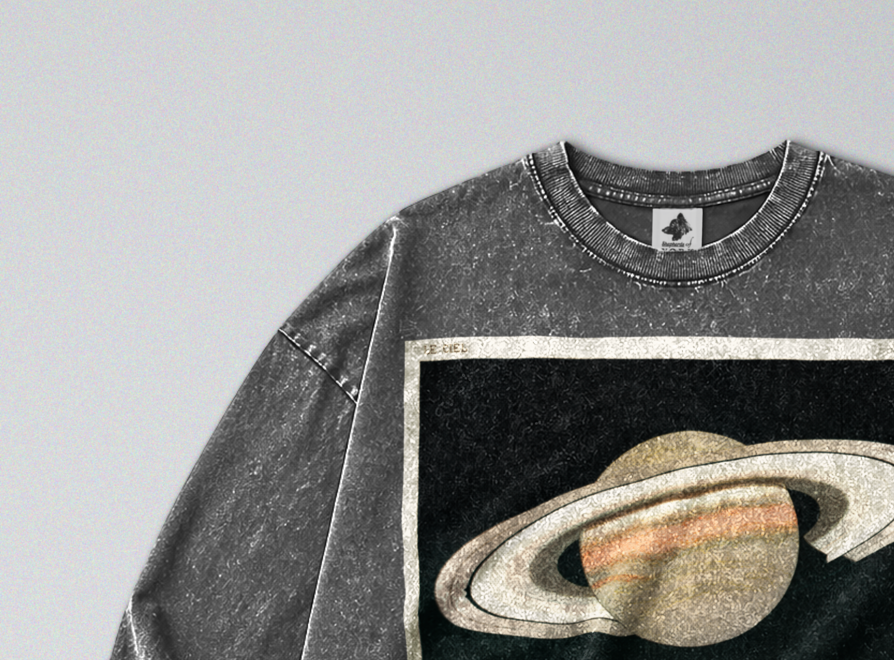 Oversized Snow Washed Long Sleeve Cotton Tee - Saturn in Outer Space Print