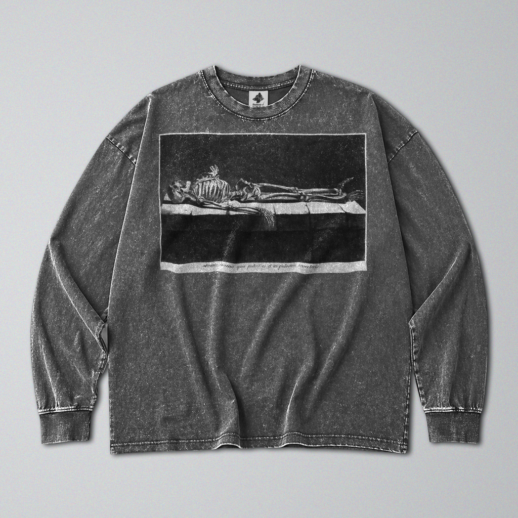 Oversized Snow Washed Long Sleeve Cotton Tee - Skeleton in Tomb Print