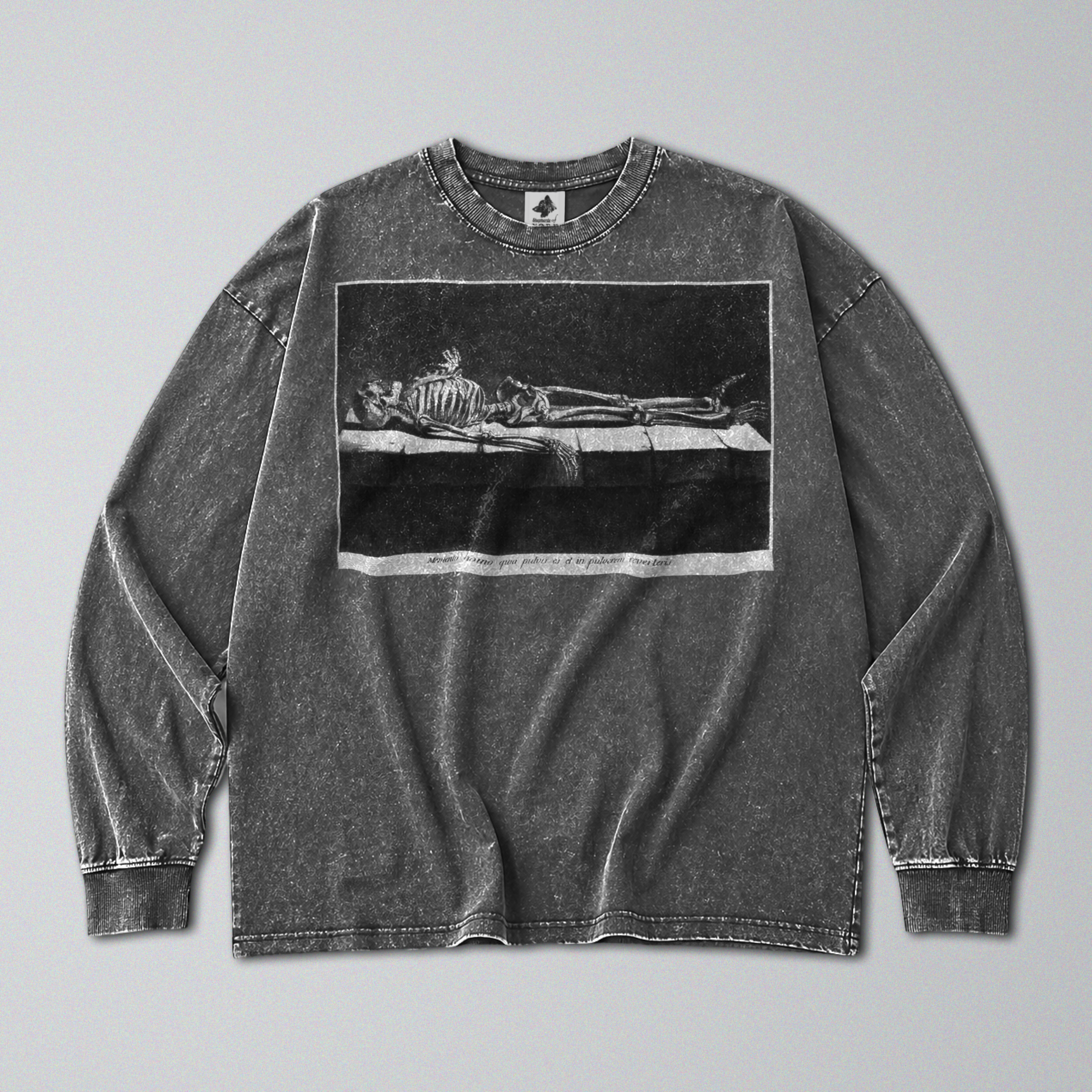 Oversized Snow Washed Long Sleeve Cotton Tee - Skeleton in Tomb Print