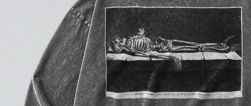 Oversized Snow Washed Long Sleeve Cotton Tee - Skeleton in Tomb Print