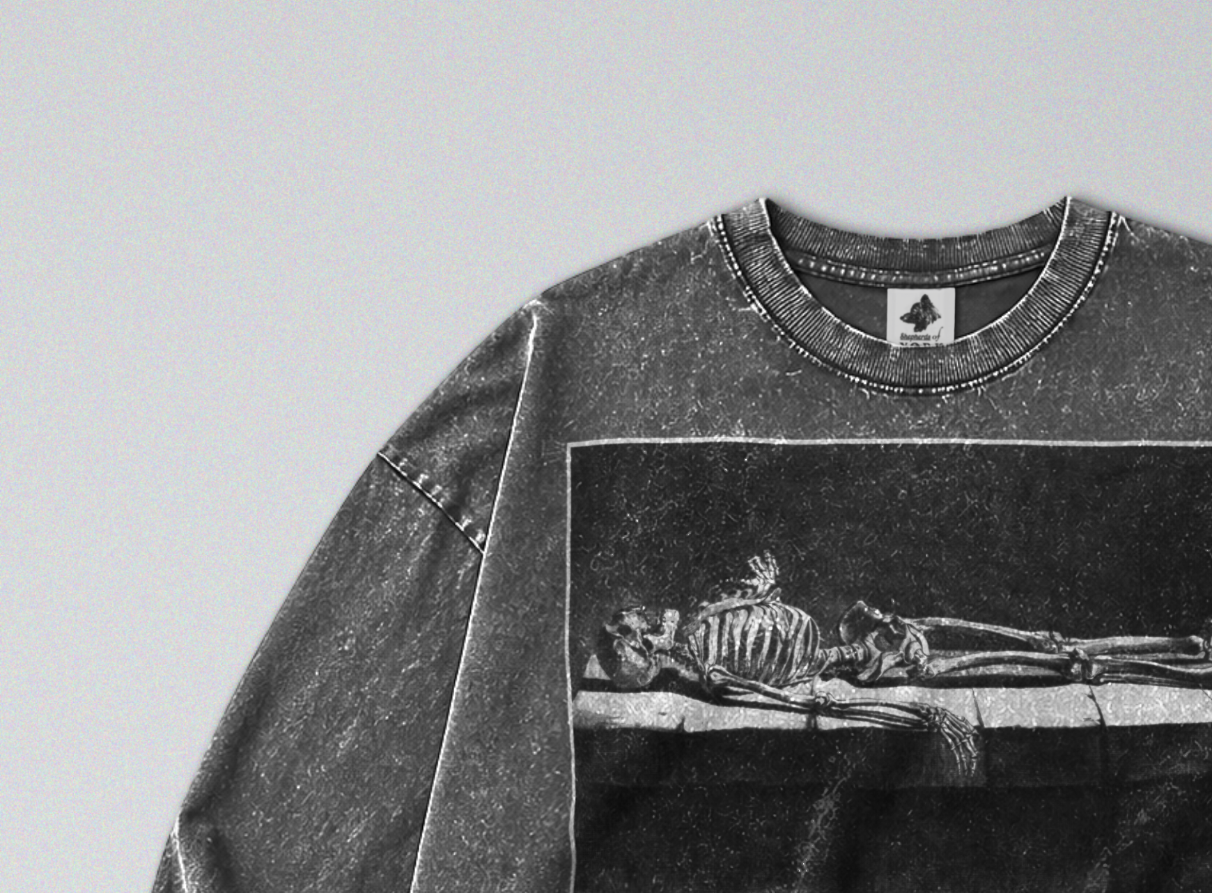Oversized Snow Washed Long Sleeve Cotton Tee - Skeleton in Tomb Print
