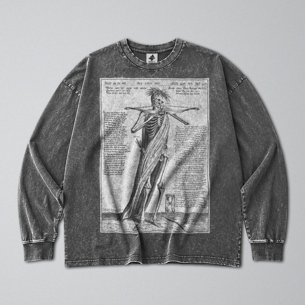 Oversized Snow Washed Long Sleeve Cotton Tee - Skeleton Aiming Crossbow Print
