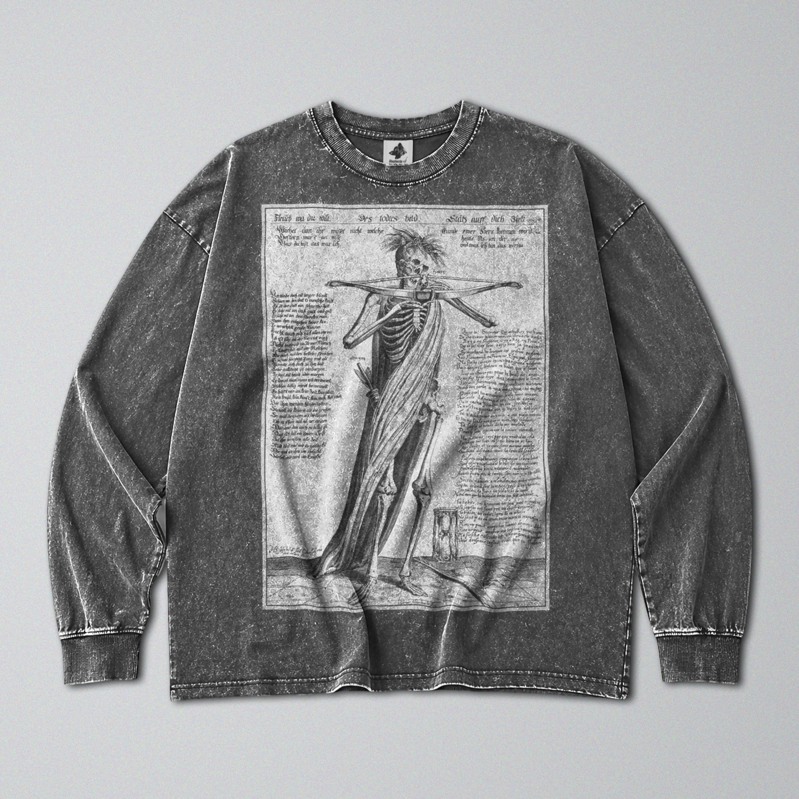 Oversized Snow Washed Long Sleeve Cotton Tee - Skeleton Aiming Crossbow Print