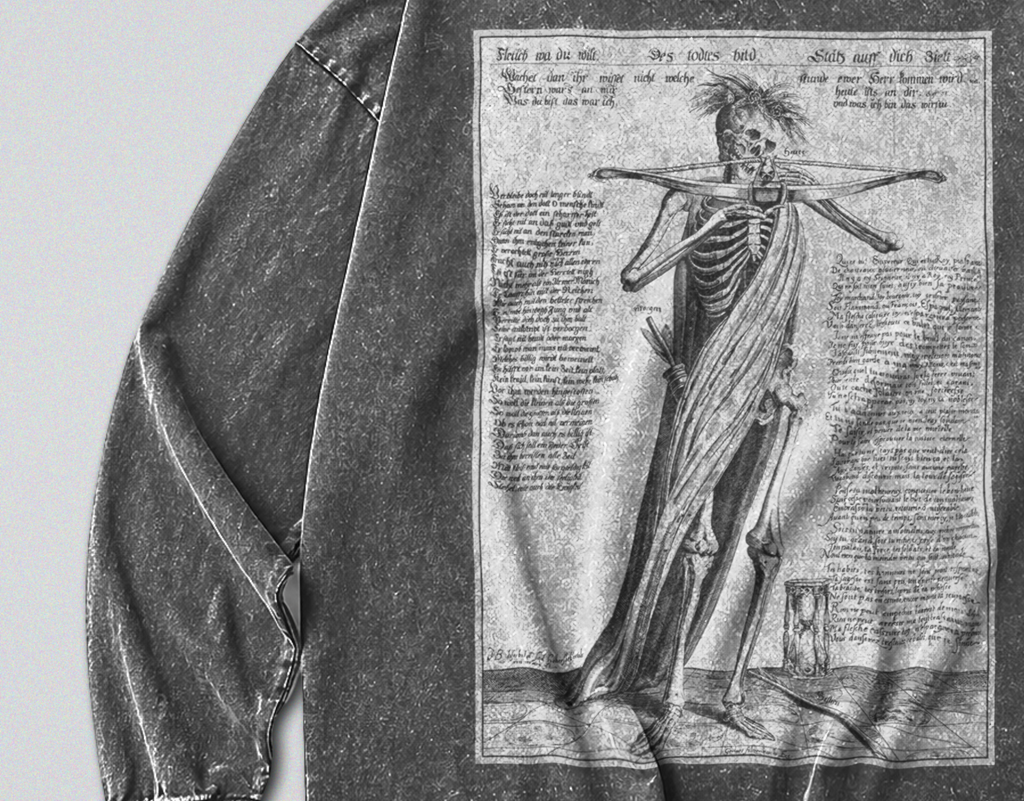 Oversized Snow Washed Long Sleeve Cotton Tee - Skeleton Aiming Crossbow Print