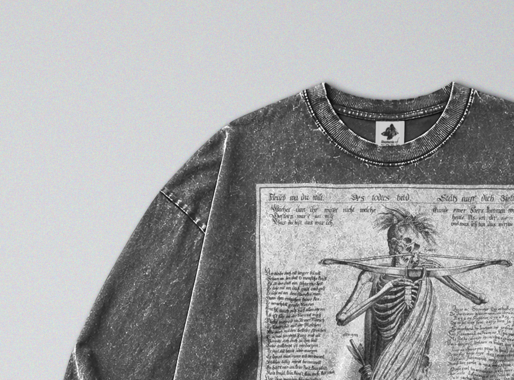 Oversized Snow Washed Long Sleeve Cotton Tee - Skeleton Aiming Crossbow Print