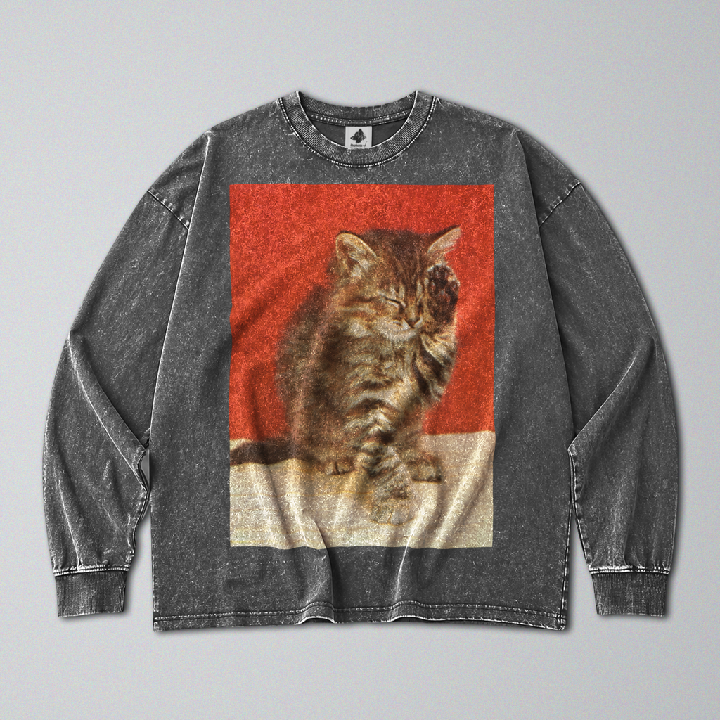 Oversized Snow Washed Long Sleeve Cotton Tee - Cute Sleepy Kitten Print