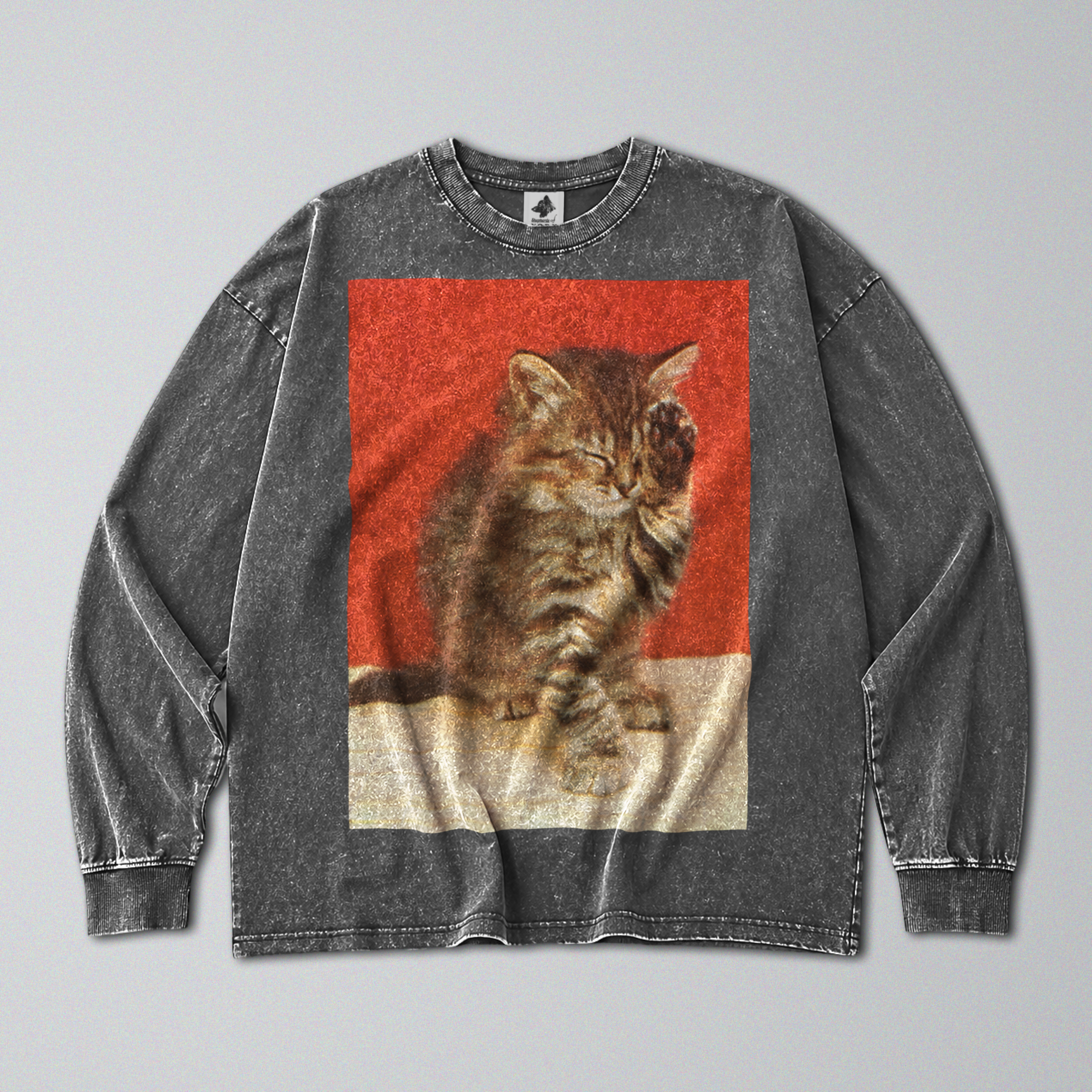 Oversized Snow Washed Long Sleeve Cotton Tee - Cute Sleepy Kitten Print