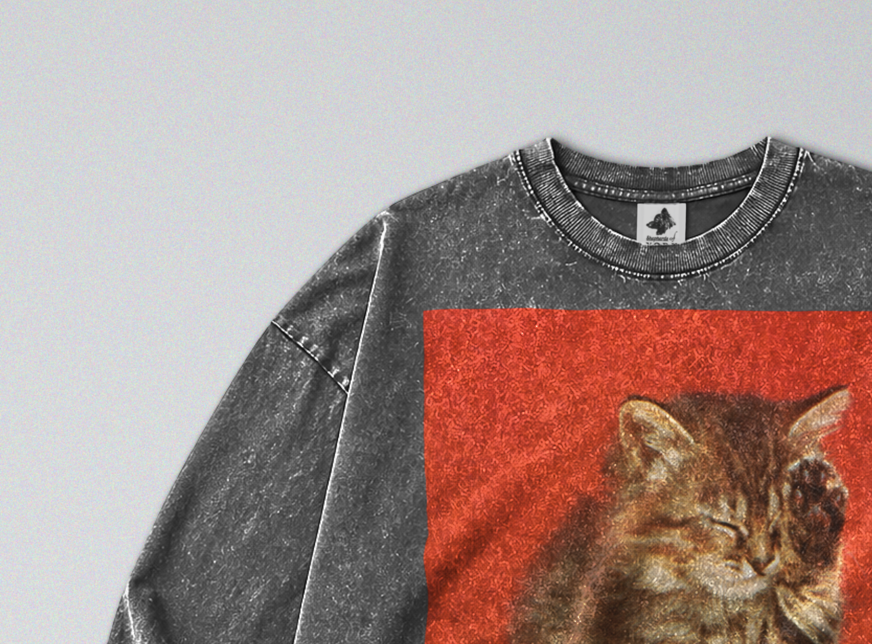 Oversized Snow Washed Long Sleeve Cotton Tee - Cute Sleepy Kitten Print