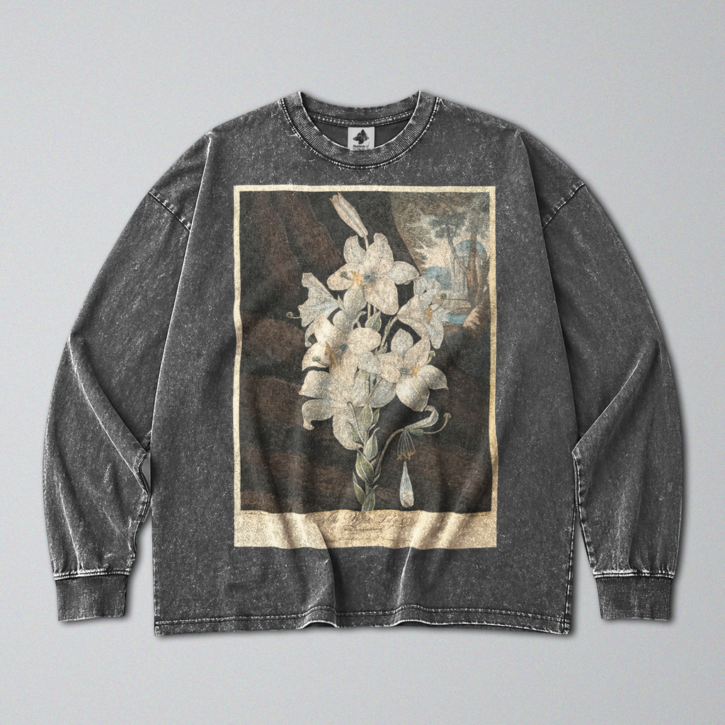 Oversized Snow Washed Long Sleeve Cotton Tee - White Lily Flowers Print