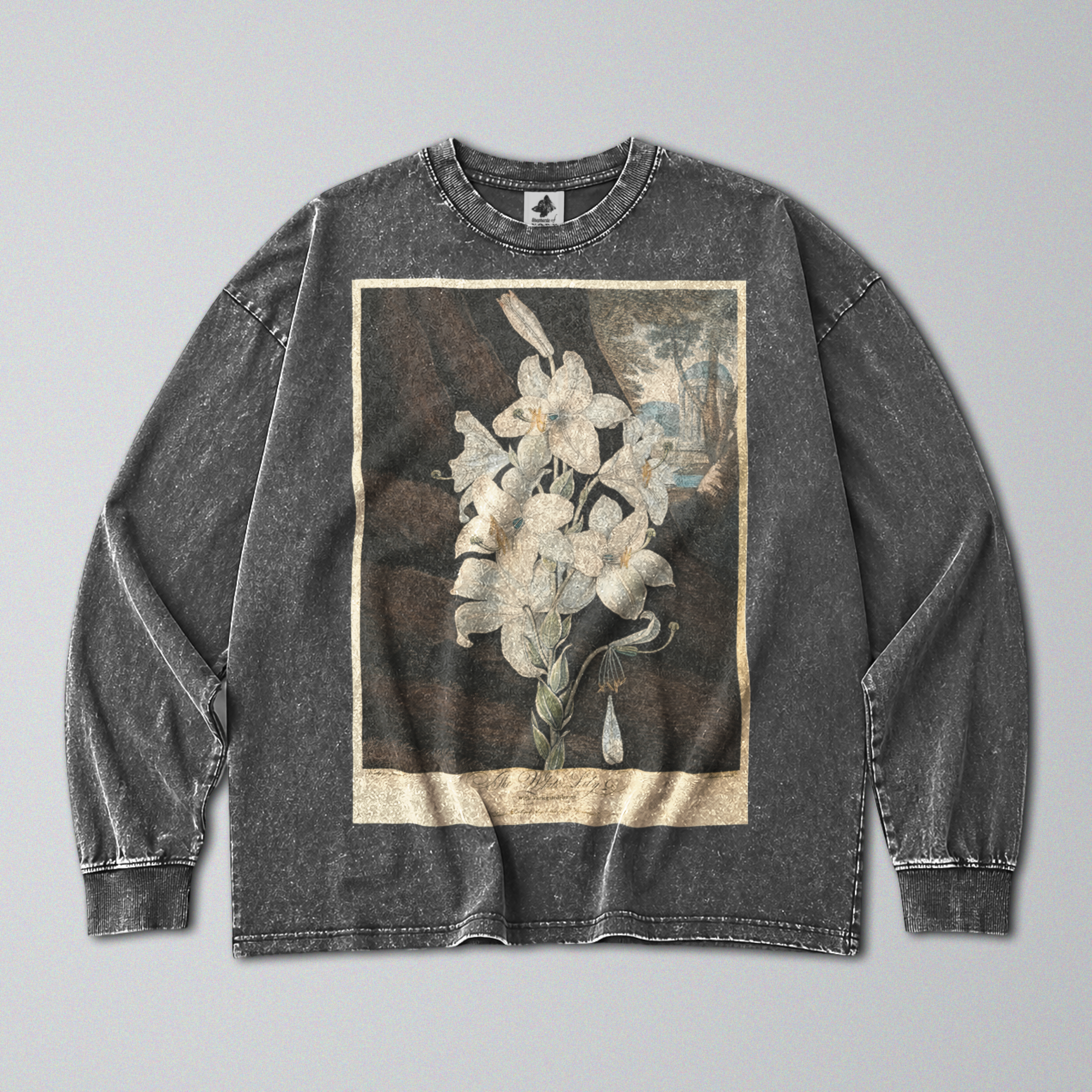 Oversized Snow Washed Long Sleeve Cotton Tee - White Lily Flowers Print