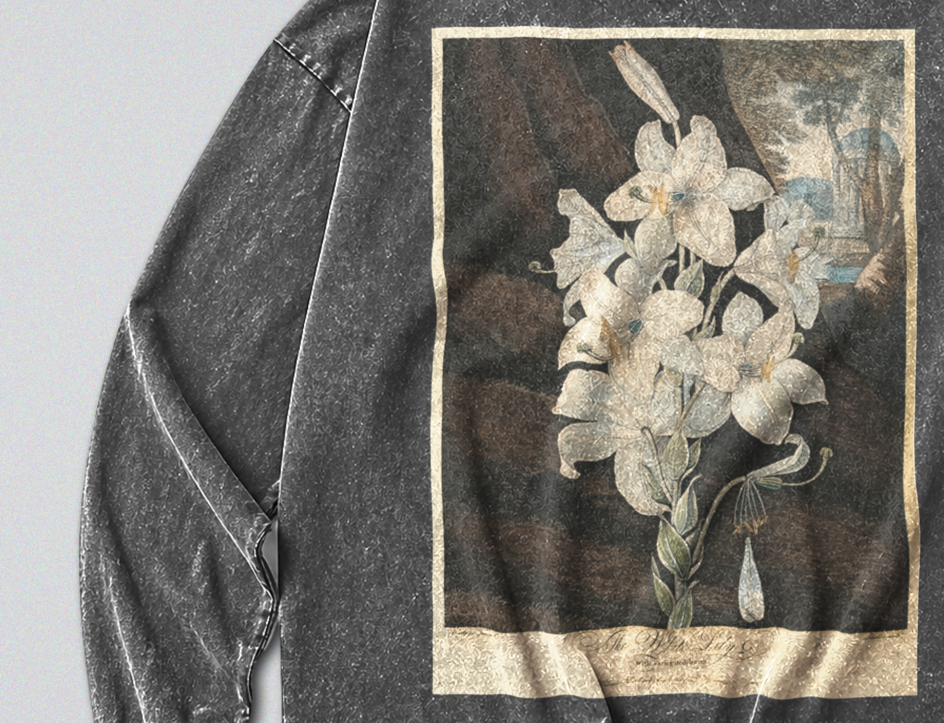Oversized Snow Washed Long Sleeve Cotton Tee - White Lily Flowers Print