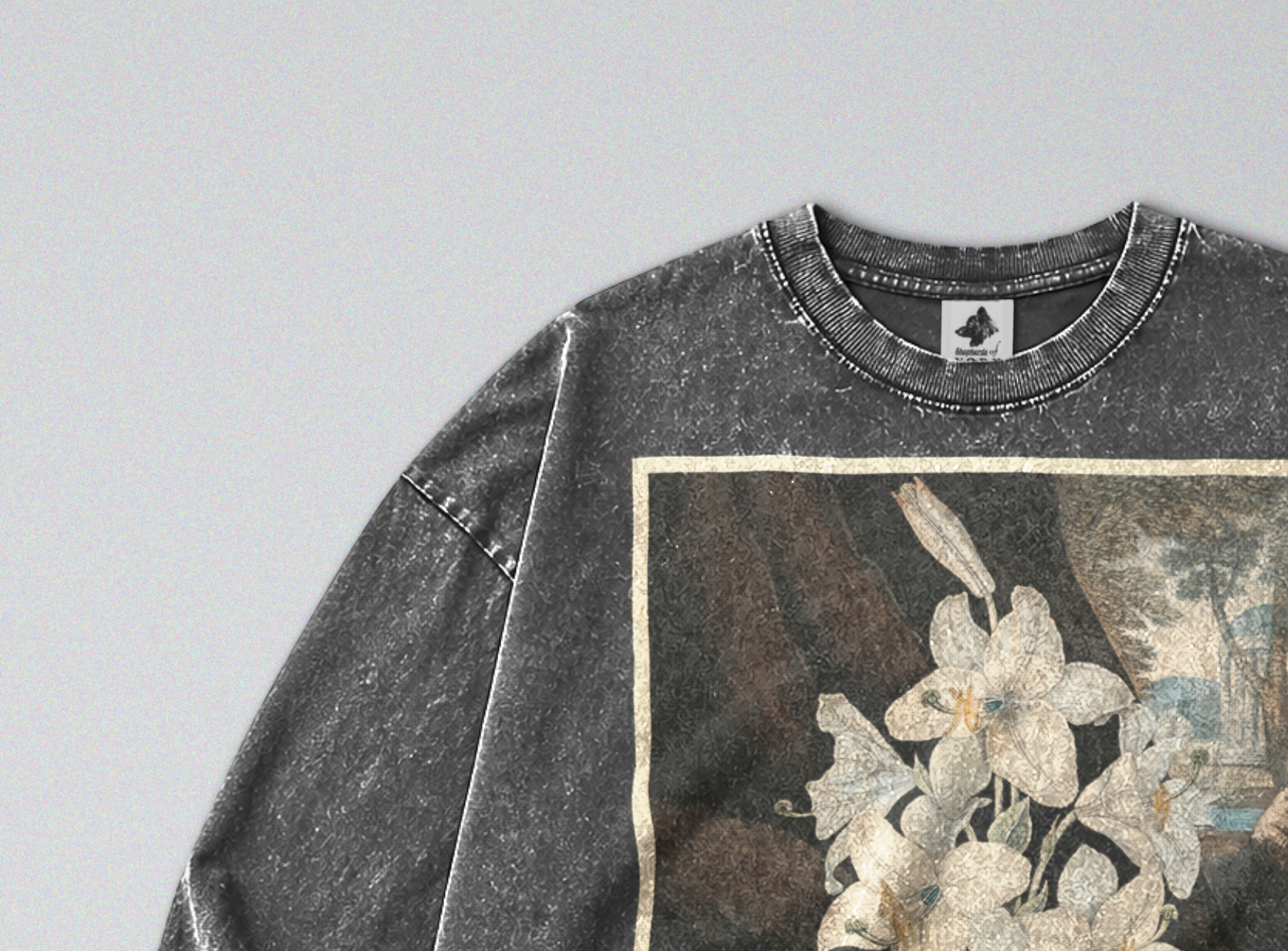 Oversized Snow Washed Long Sleeve Cotton Tee - White Lily Flowers Print