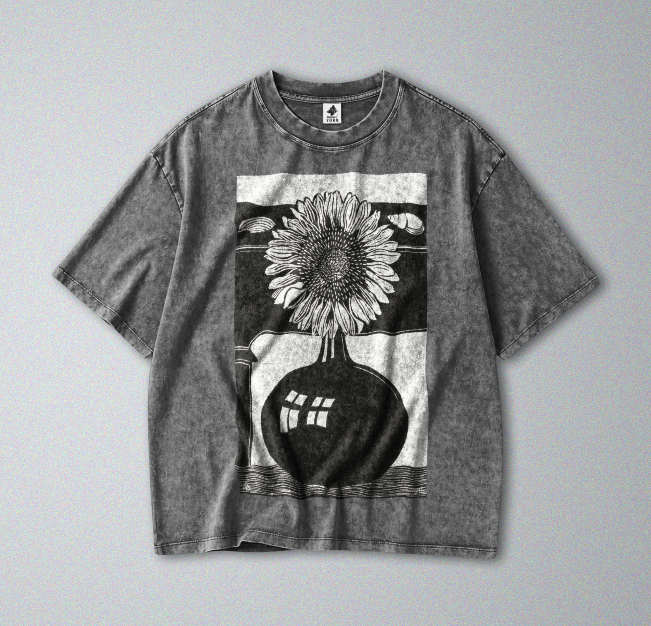 Oversized Snow Washed Cotton Tee - Black & White Sunflower Print