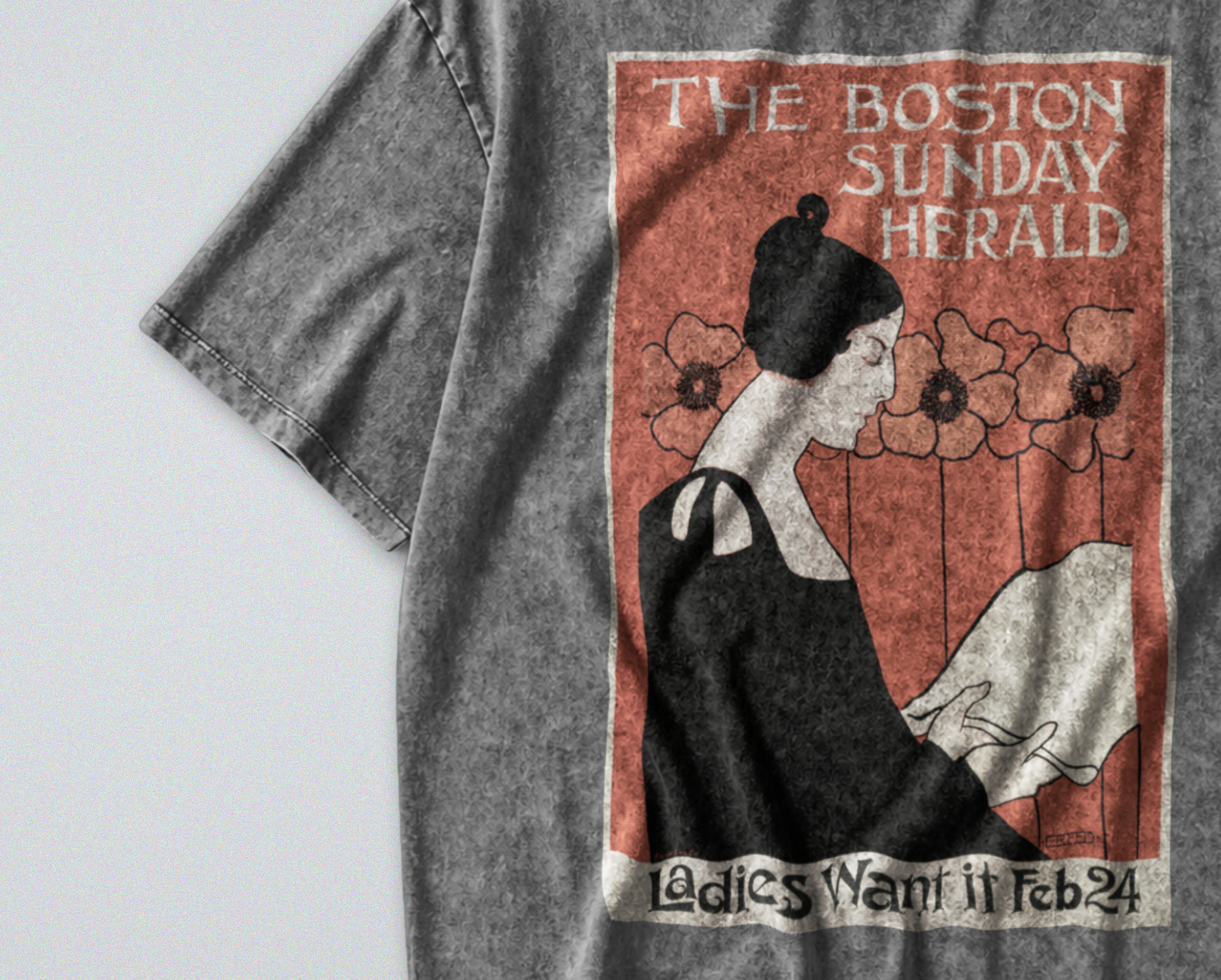 Oversized Snow Washed Cotton Tee - Boston Sunday Herald Print