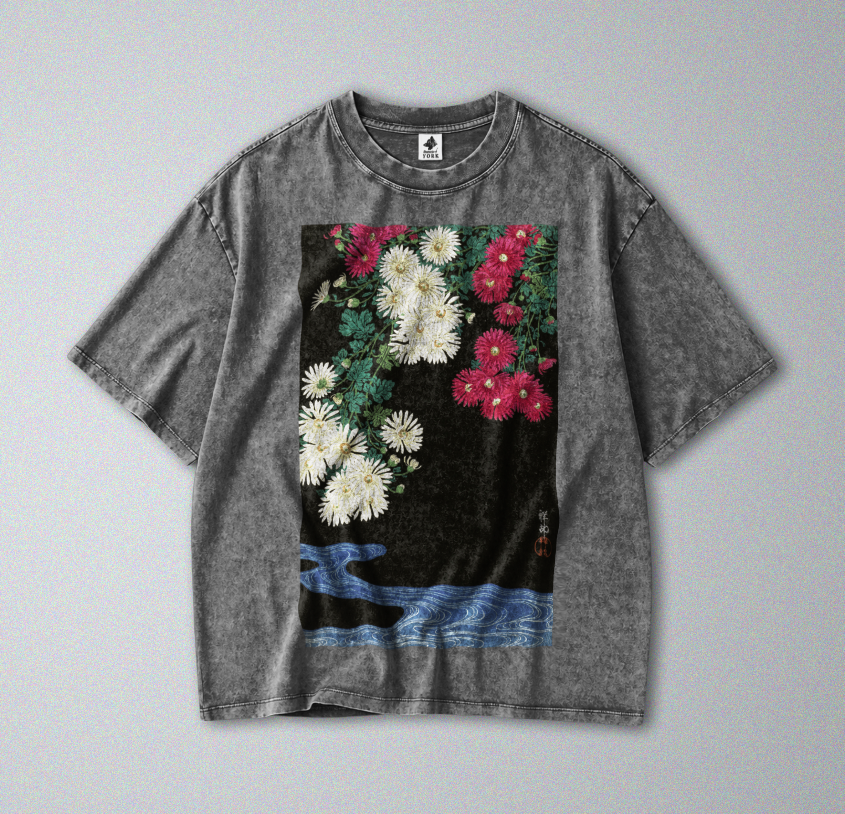 Oversized Snow Washed Cotton Tee - Japanese Chrysanthemums Print