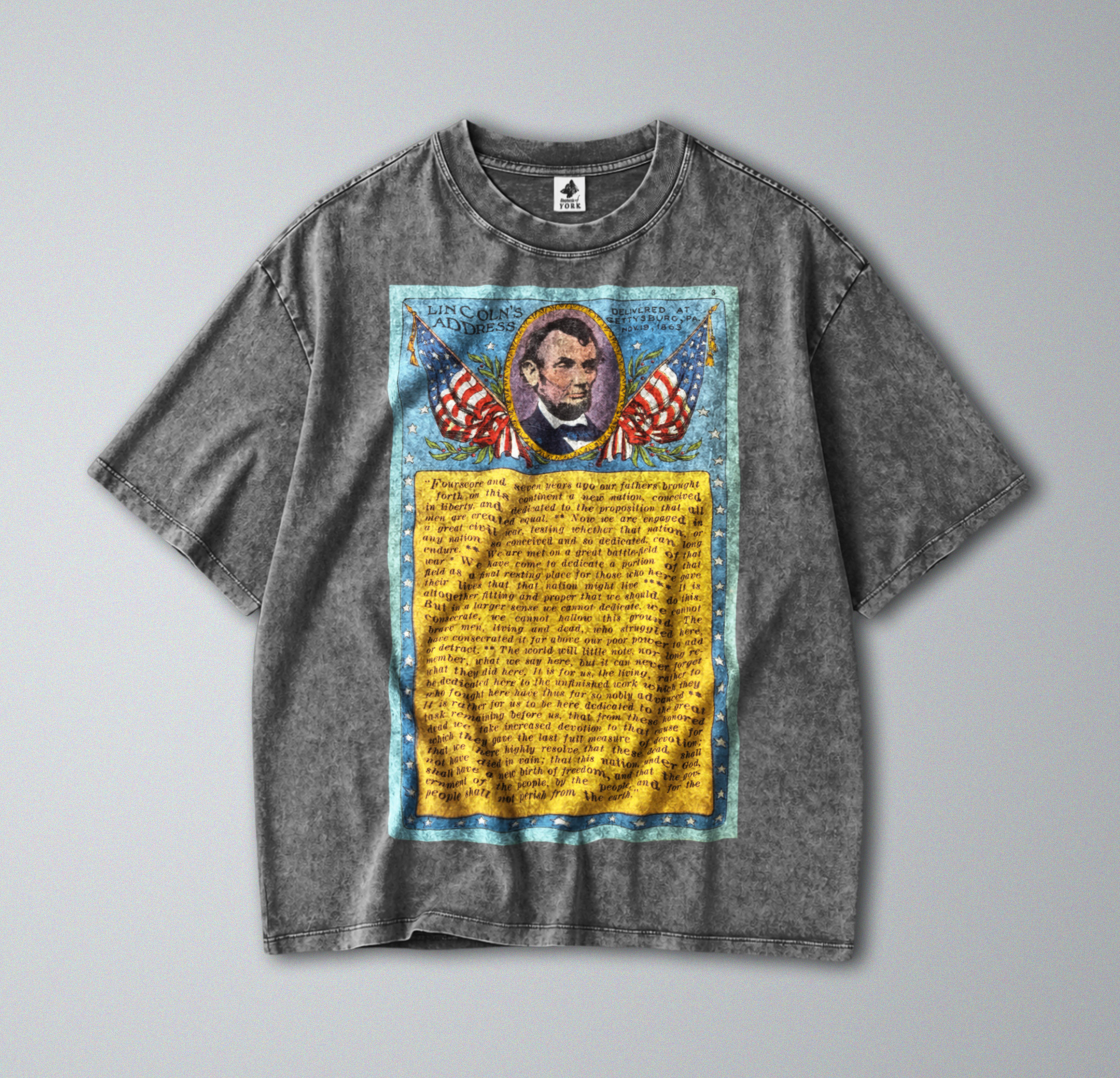 Oversized Snow Washed Cotton Tee - Lincoln's Gettysburg Address Print