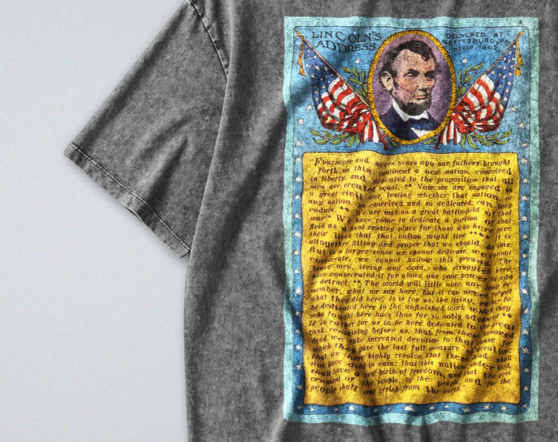 Oversized Snow Washed Cotton Tee - Lincoln's Gettysburg Address Print