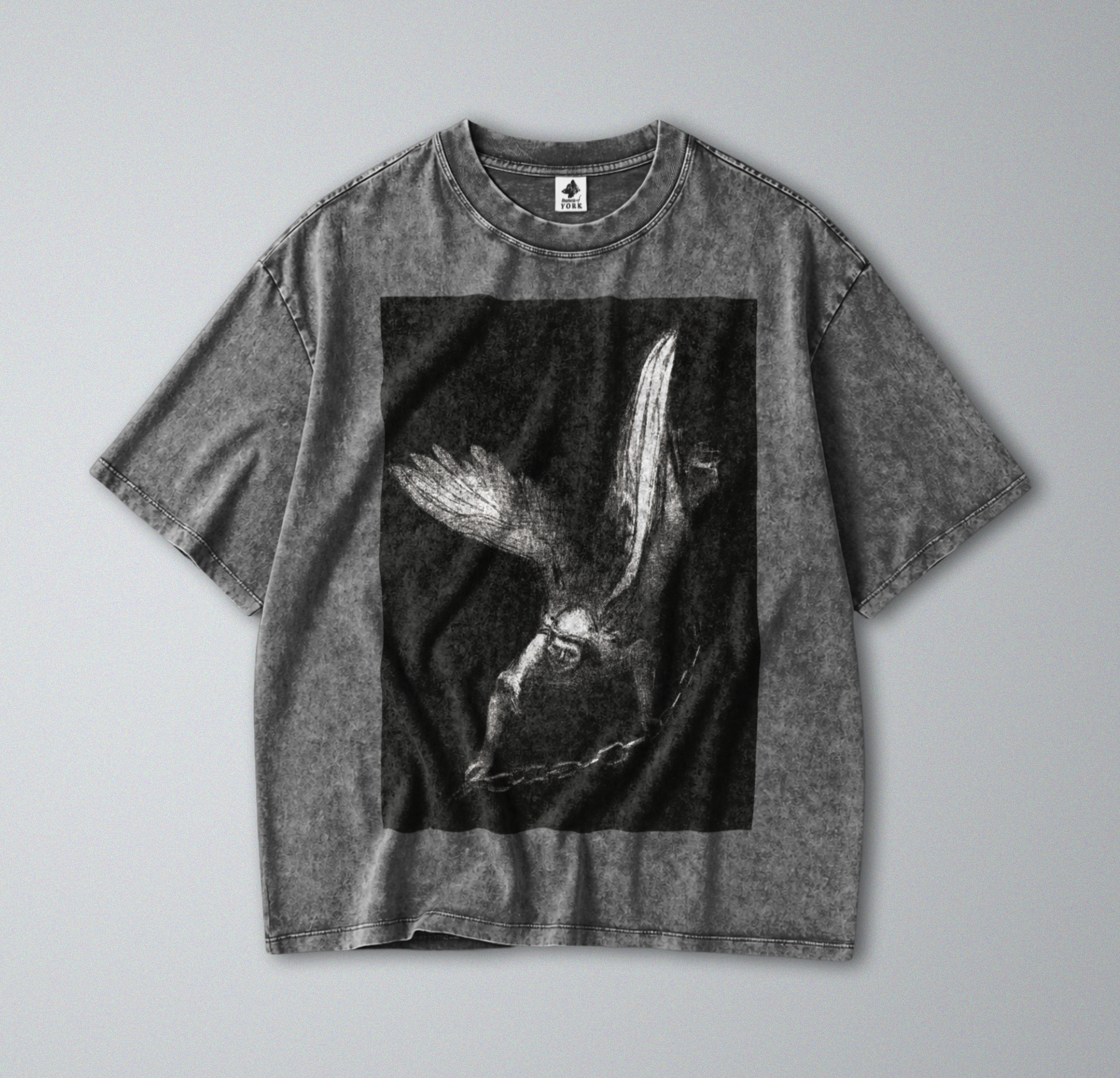 Oversized Snow Washed Cotton Tee - Odilon Redon's 'Angel of Death' Print