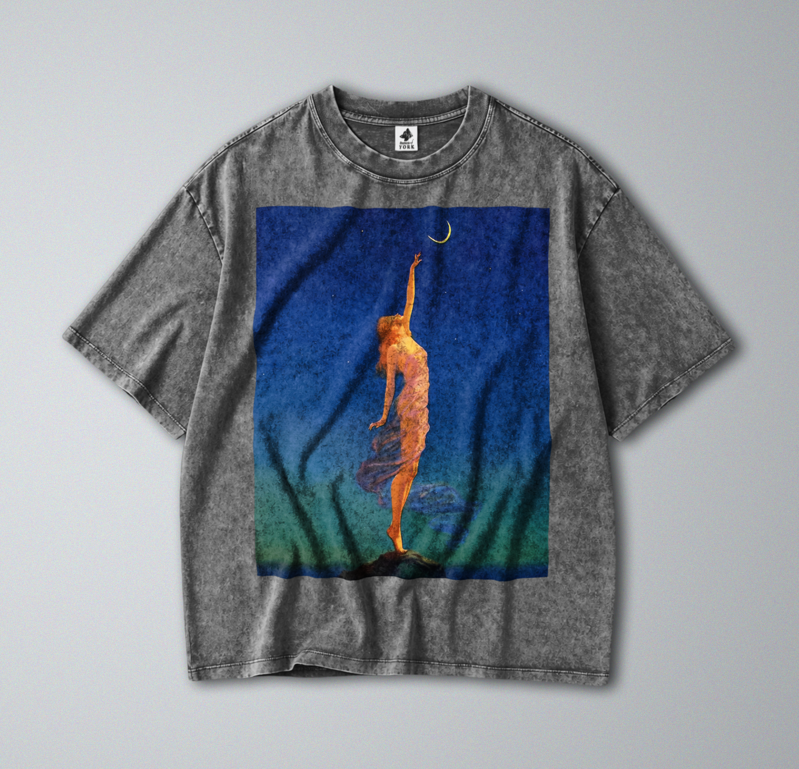 Oversized Snow Washed Cotton Tee - Reach for the Moon Print
