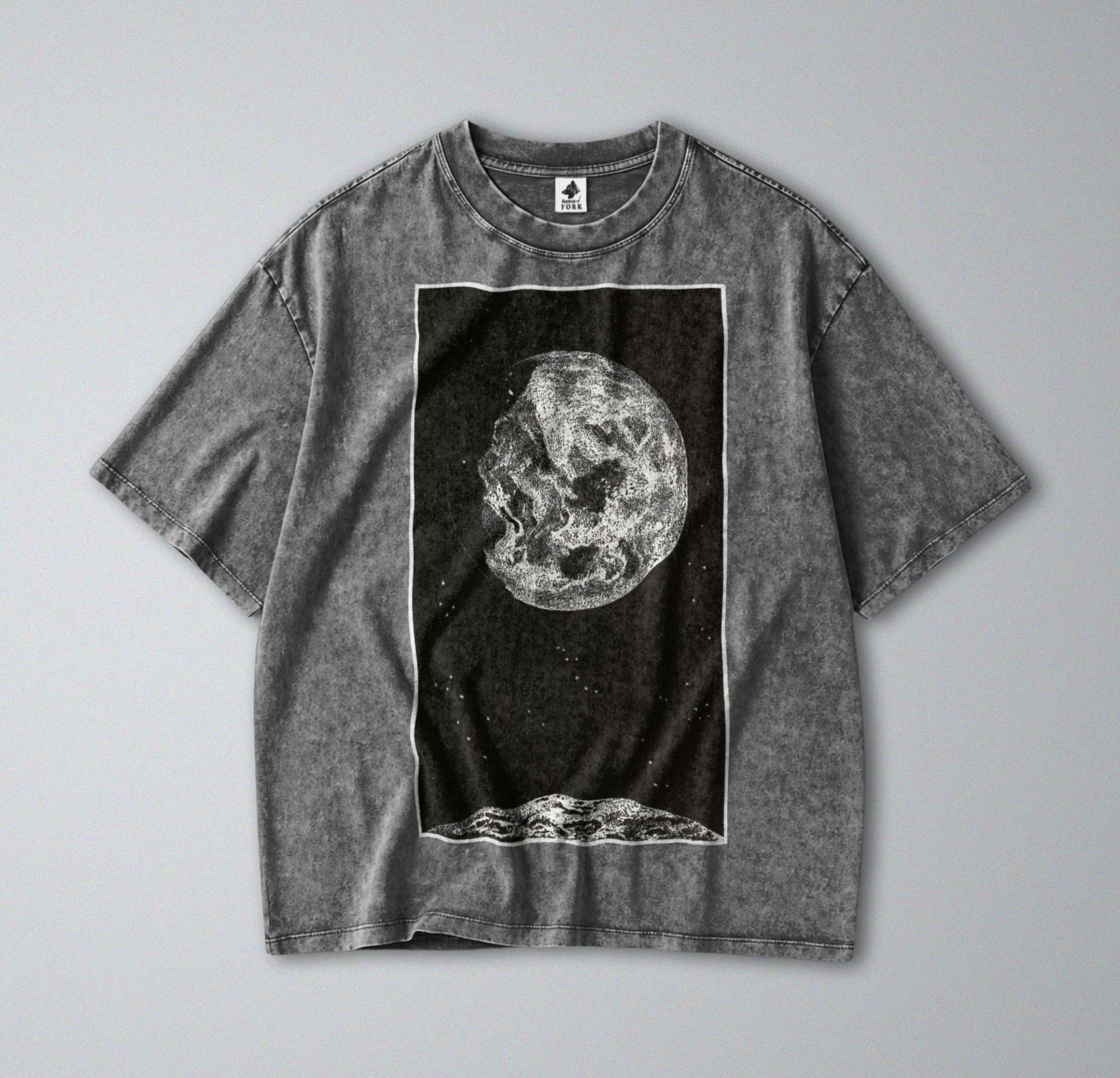 Oversized Snow Washed Cotton Tee - Outer Space Sun and Moon Print