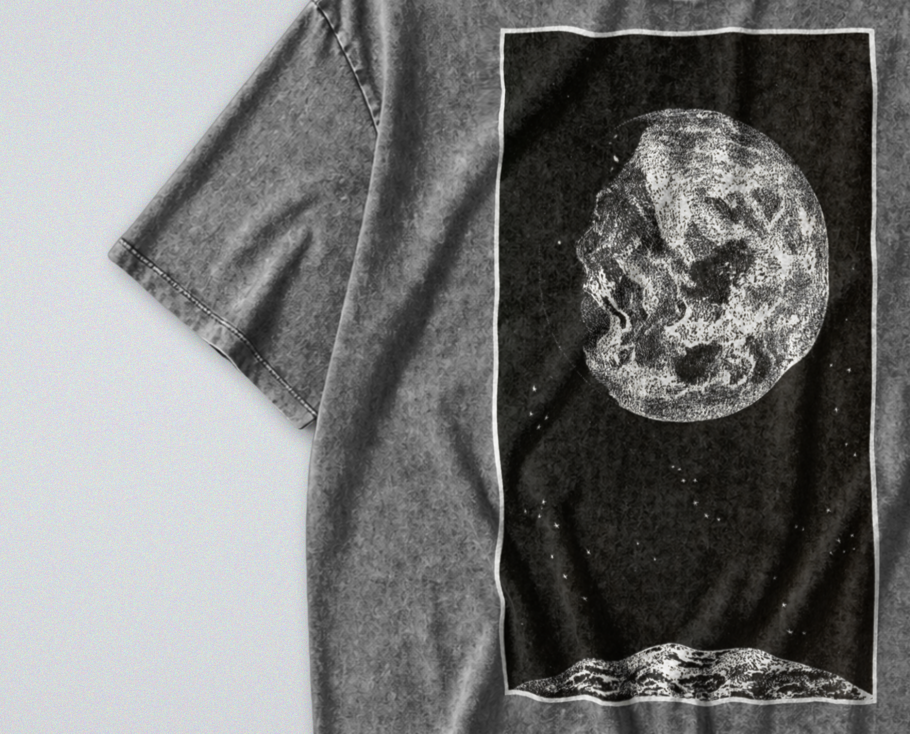 Oversized Snow Washed Cotton Tee - Outer Space Sun and Moon Print