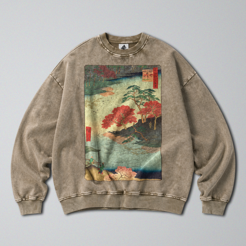 Oversized Snow Washed Cotton Sweatshirt - Japanese Flowing River Print