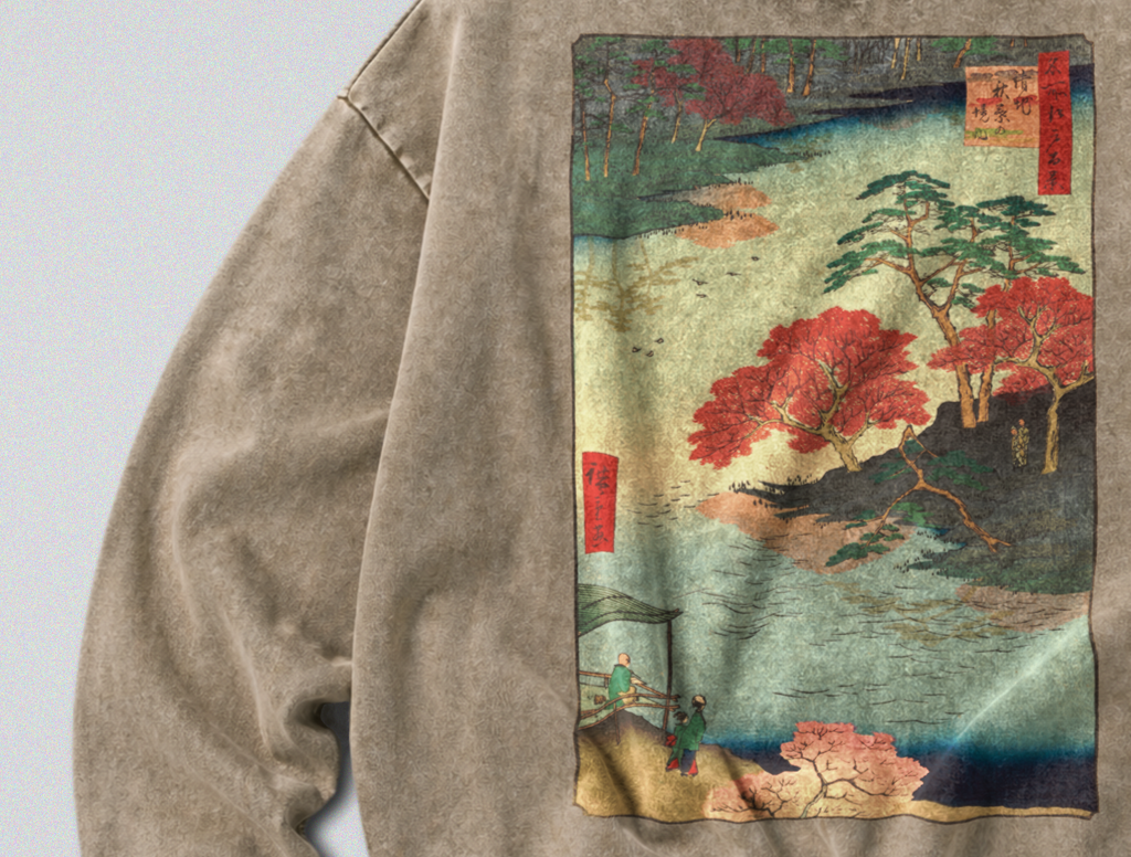 Oversized Snow Washed Cotton Sweatshirt - Japanese Flowing River Print