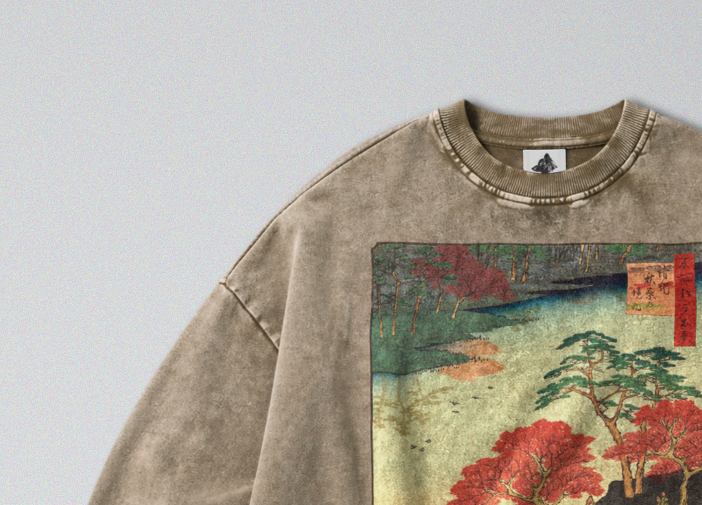 Oversized Snow Washed Cotton Sweatshirt - Japanese Flowing River Print