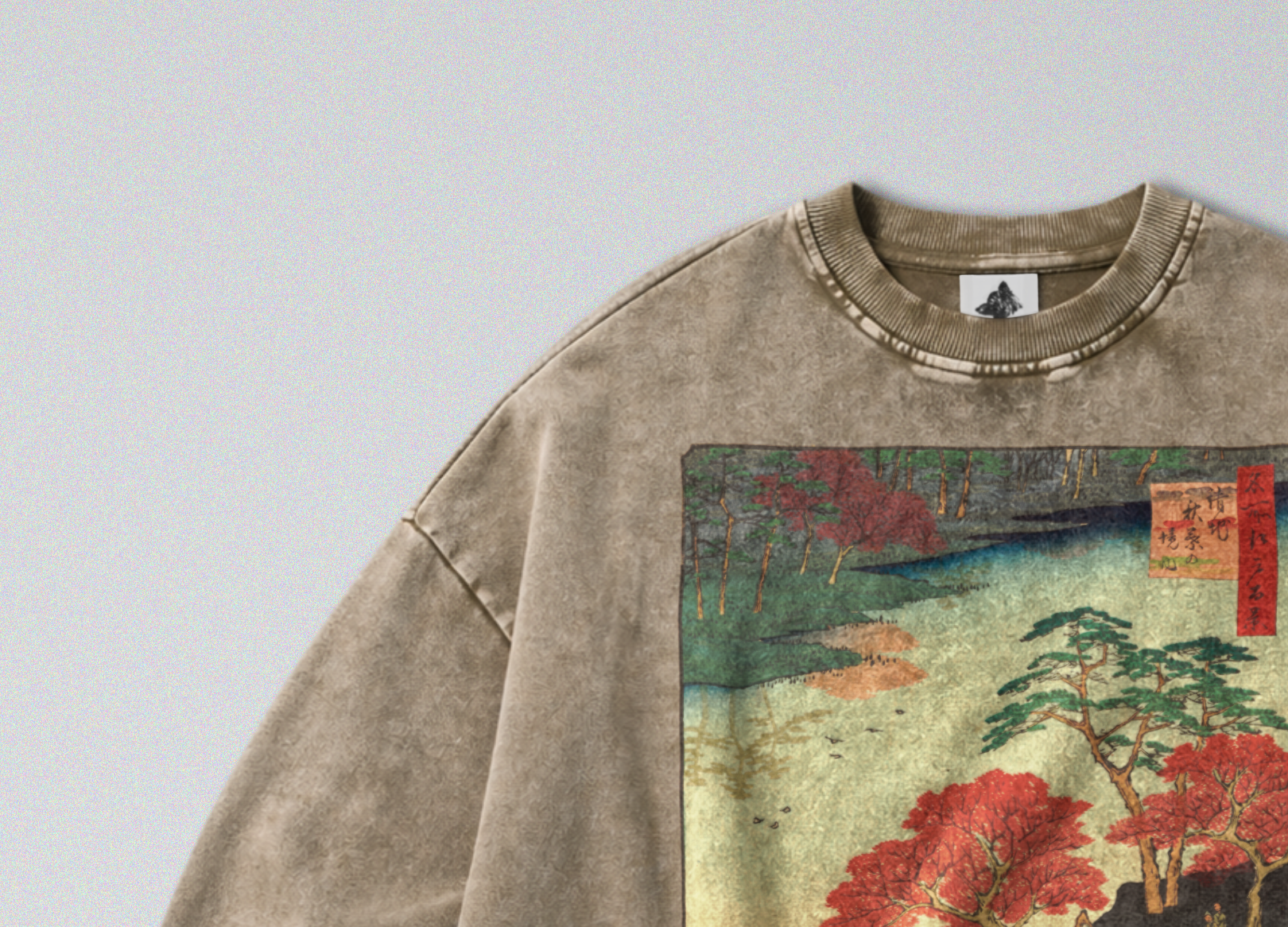 Oversized Snow Washed Cotton Sweatshirt - Japanese Flowing River Print