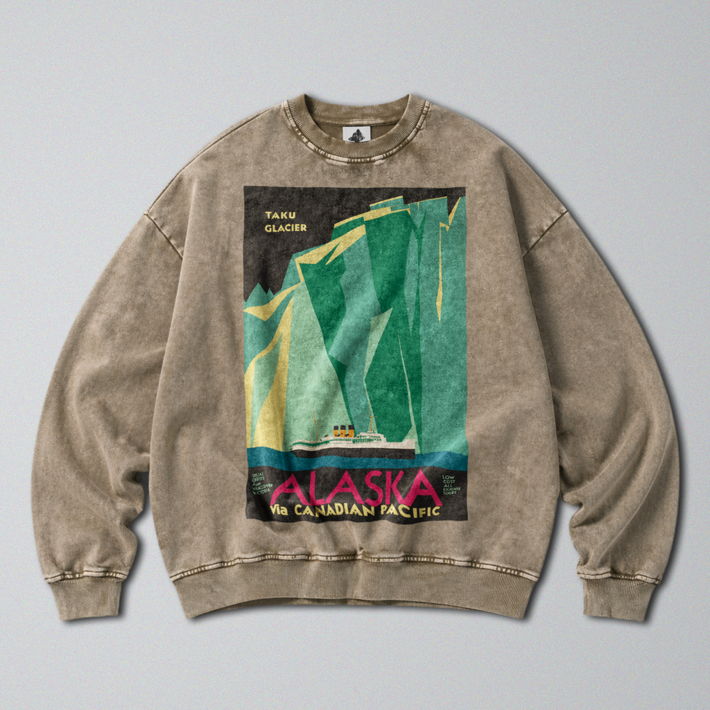 Oversized Snow Washed Cotton Sweatshirt - Alaskan Glaciers Print