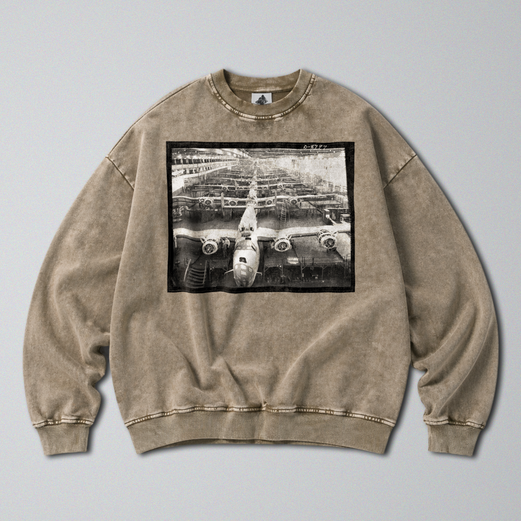 Oversized Snow Washed Cotton Sweatshirt - WW2 B24 Liberator Bomber Print