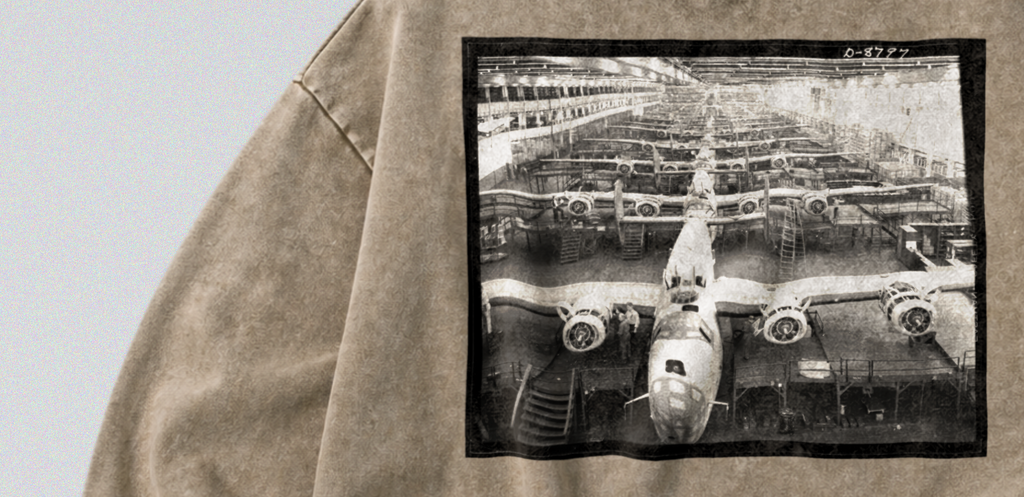 Oversized Snow Washed Cotton Sweatshirt - WW2 B24 Liberator Bomber Print