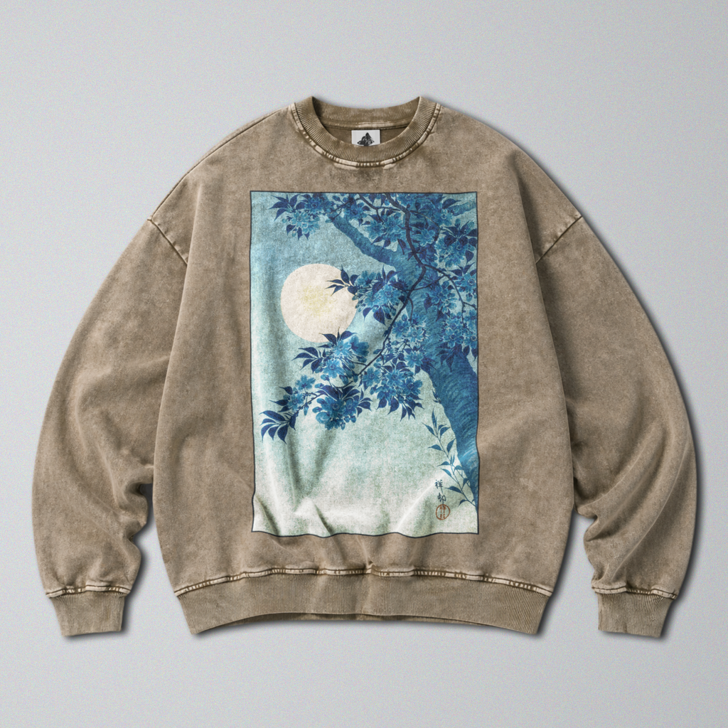 Oversized Snow Washed Cotton Sweatshirt - Japanese Tree & Full Moon Print