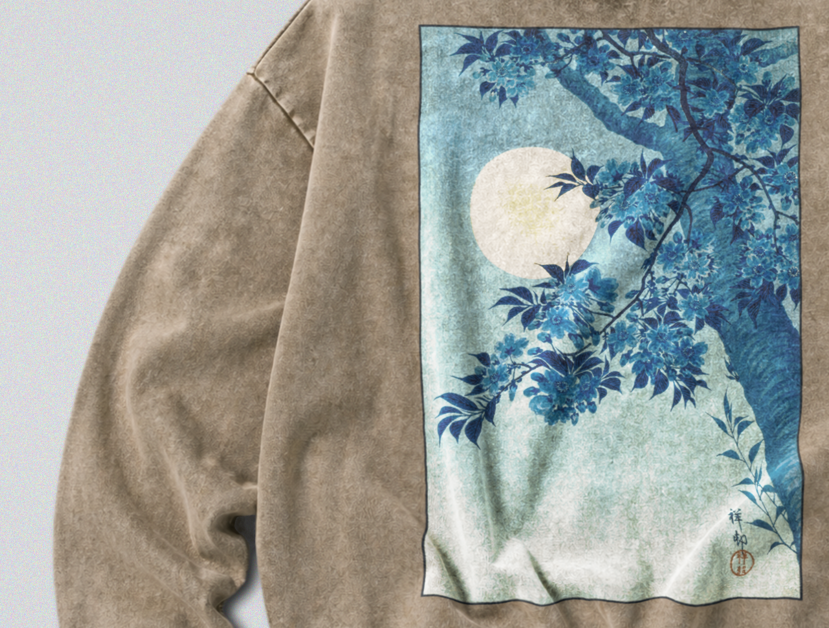 Oversized Snow Washed Cotton Sweatshirt - Japanese Tree & Full Moon Print