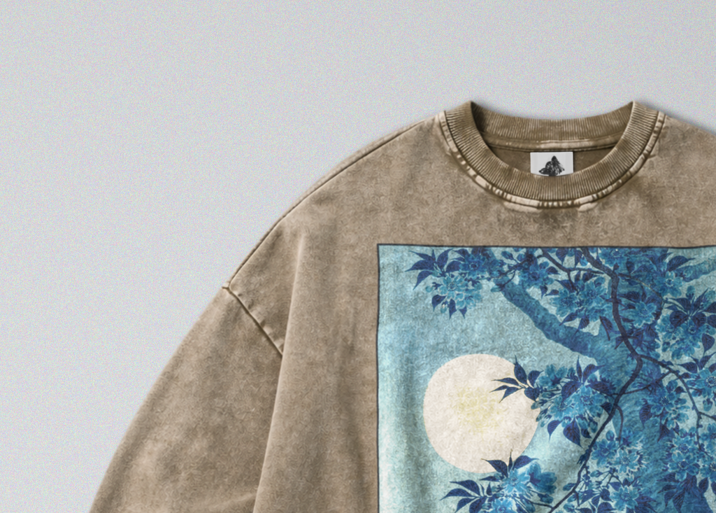 Oversized Snow Washed Cotton Sweatshirt - Japanese Tree & Full Moon Print