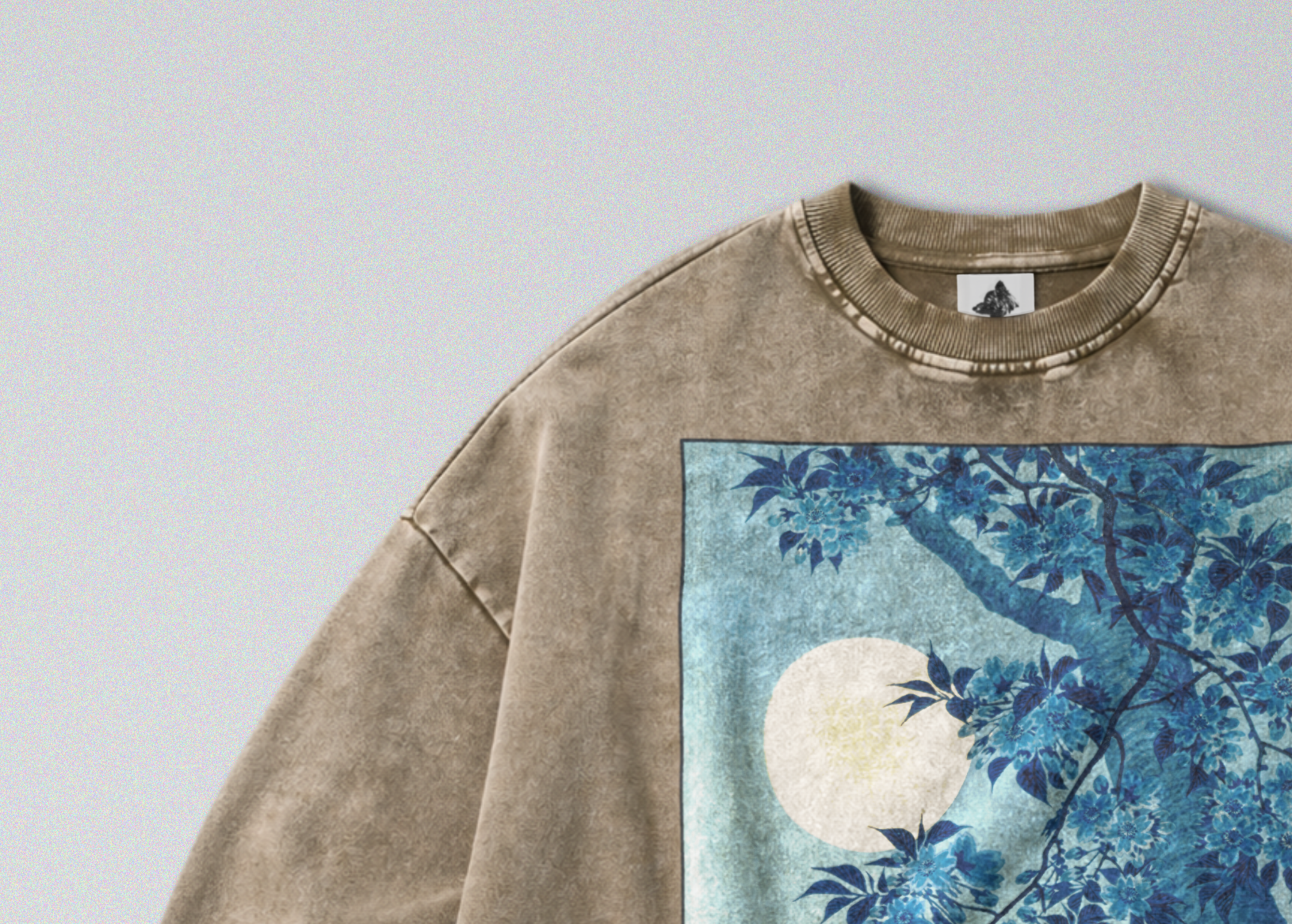 Oversized Snow Washed Cotton Sweatshirt - Japanese Tree & Full Moon Print