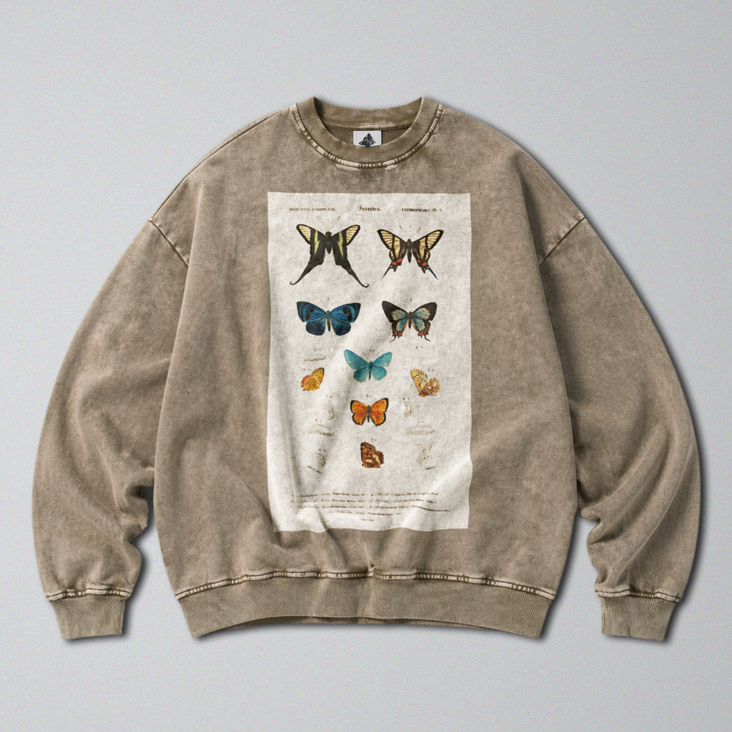 Oversized Snow Washed Cotton Sweatshirt - Vibrant Butterflies Print