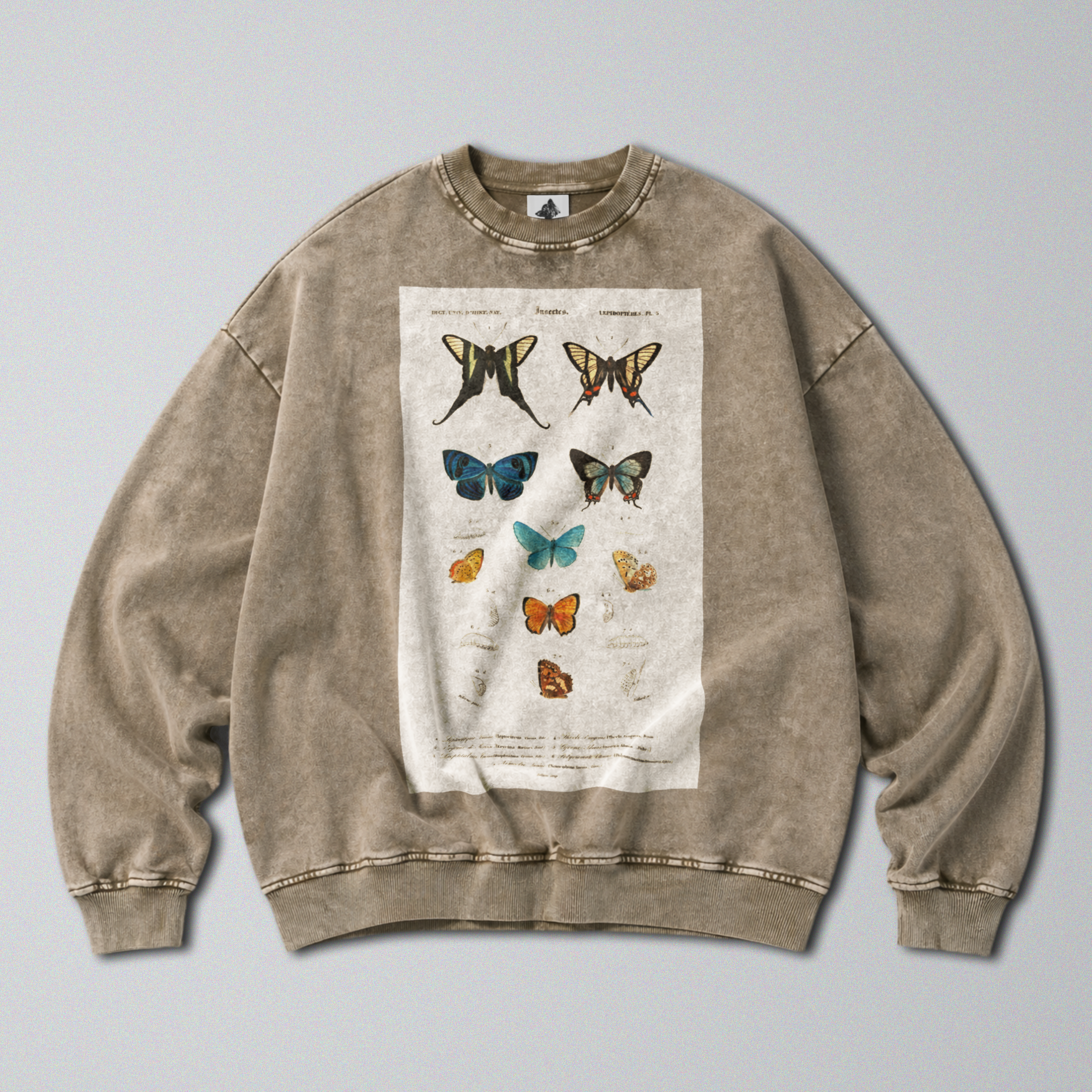Oversized Snow Washed Cotton Sweatshirt - Vibrant Butterflies Print